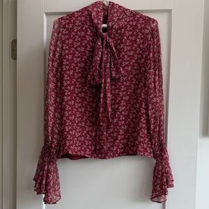 Alexis Rose-Print Tie-Neck Blouse in Berry